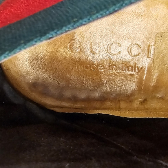 GUCCI BROWN LEATHER SLIP ON LOAFERS WITH GREEN + RED RIBBON HEEL SIZE-9, EUR-42 - Picture 9 of 11